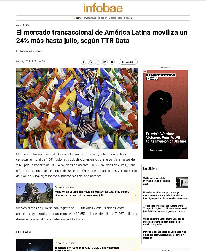 El mercado transaccional de Amrica Latina moviliza un 24% ms hasta julio, segn TTR Data